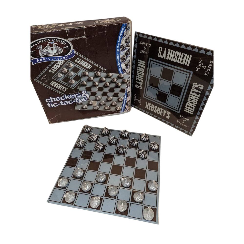 Hershey's Kisses 100 Yr Anniversary Glass Checkerboard & Tic Tac Toe Board Game